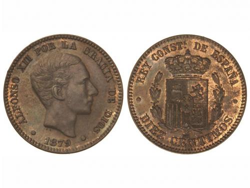 ALFONSO XII. 10 Céntimos. 1879. BARCELONA. O.M. Restos de br