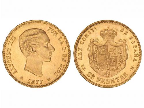 ALFONSO XII. 25 Pesetas. 1877 (*18-77). D.E.-M. Restos de br