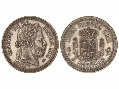 CARLOS VII Pretendiente. 5 Pesetas. 1885. 26,75 grs. Canto e