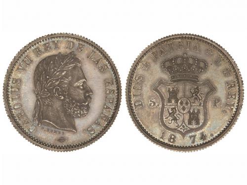 CARLOS VII Pretendiente. 5 Pesetas. 1874. BRUSELAS. 26,02 gr