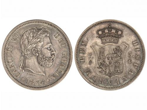 CARLOS VII Pretendiente. 5 Pesetas. 1874. BRUSELAS. 25,32 gr
