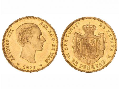 ALFONSO XII. 25 Pesetas. 1877 (*18-77). D.E.-M. Restos de br