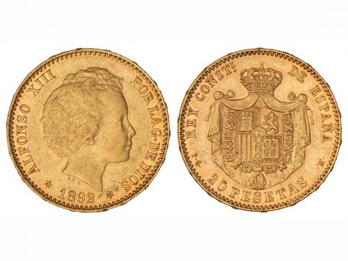 ALFONSO XIII. 20 Pesetas. 1892 (*18-92). P.G.-M. (Rayitas). 