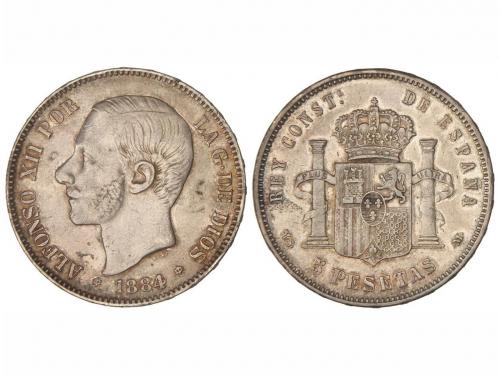 ALFONSO XII. 5 Pesetas. 1884 (*18-84). M.S./D.E.-M. Rectific