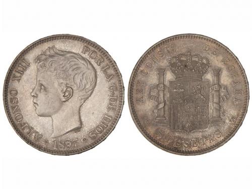 ALFONSO XIII. 5 Pesetas. 1897 (*18-97). S.G.-V. Pátina. (Lev