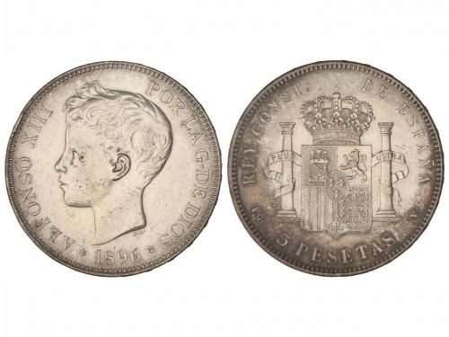 ALFONSO XIII. 5 Pesetas. 1896 (*18-96). P.G.-V. (Rayitas). E
