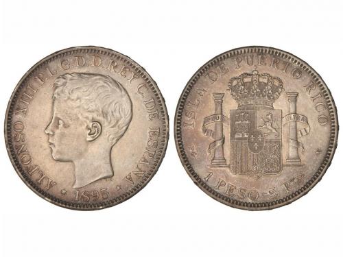 ALFONSO XIII. 1 Peso. 1895. PUERTO RICO. P.G.-V. Pátina. EBC