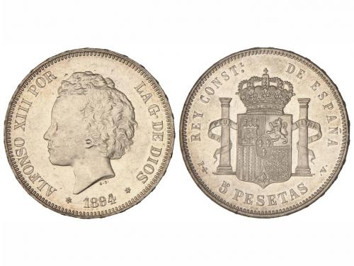 ALFONSO XIII. 5 Pesetas. 1894 (*18-94). P.G.-V. Brillo origi