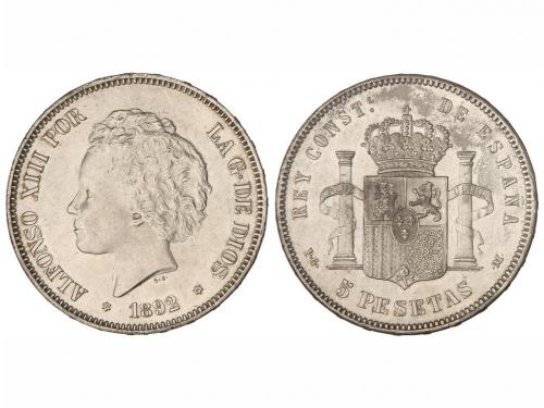 ALFONSO XIII. 5 Pesetas. 1892 (*18-92). P.G.-M. Tipo Bucles.