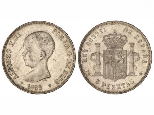 ALFONSO XIII. 5 Pesetas. 1892 (*18-92). P.G.-M. Tipo Pelón. 
