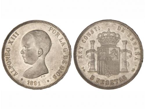 ALFONSO XIII. 5 Pesetas. 1891 (*18-91). P.G.-M. Restos de br