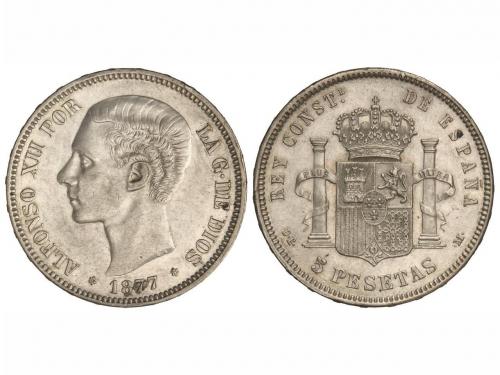 ALFONSO XII. 5 Pesetas. 1877 (*18-77). D.E.-M. (Pequeñas man
