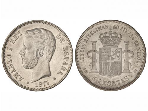 AMADEO I. 5 Pesetas. 1871 (*18-75). D.E.-M. Brillo original.