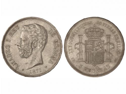 AMADEO I. 5 Pesetas. 1871 (*18-74). D.E.-M. Pátina mate. (Ra