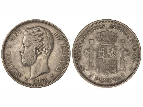AMADEO I. 5 Pesetas. 1871 (*18-73). D.E.-M. Trazo superior d