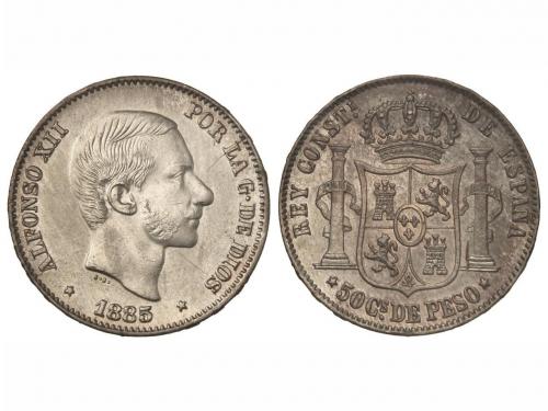 ALFONSO XII. 50 Centavos de Peso. 1885. MANILA. (Pequeñas ra