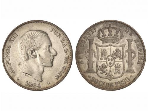 ALFONSO XII. 50 Centavos de Peso. 1884. MANILA. (Rayitas en 