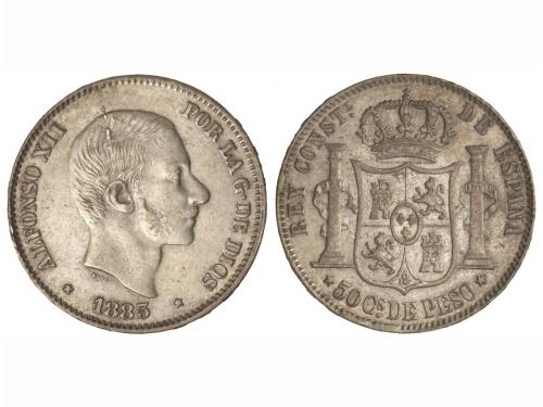 ALFONSO XII. 50 Centavos de Peso. 1883. MANILA. (Rotura de c