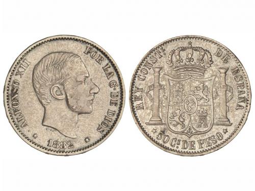 ALFONSO XII. 50 Centavos de Peso. 1882. MANILA. Pátina. MBC.