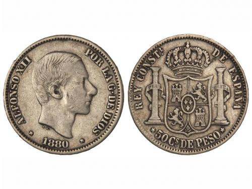 ALFONSO XII. 50 Centavos de Peso. 1880. MANILA. MUY ESCASA. 