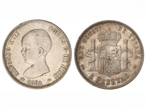 ALFONSO XIII. 2 Pesetas. 1892 (*18-92). P.G.-M. (Leve golpec