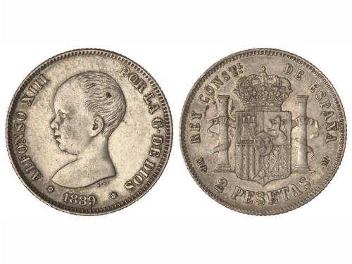 ALFONSO XIII. 2 Pesetas. 1889 (*18-89). M.P.-M. (Manchita en