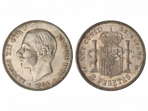ALFONSO XII. 2 Pesetas. 1884 (*18-84). M.S.-M. Restos de pát