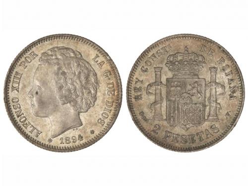 ALFONSO XIII. 2 Pesetas. 1894 (*18-94). P.G.-V. Bonita pátin