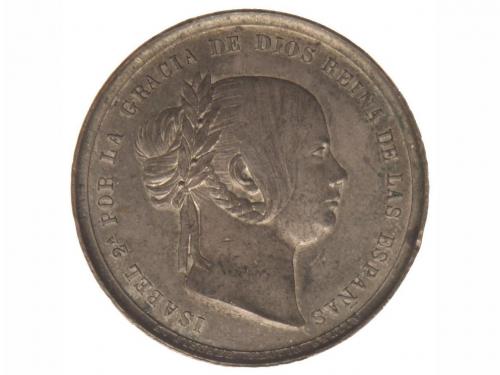 ISABEL II. Prueba no adoptada de anverso 20 Reales. Calamina