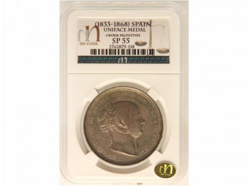 ISABEL II. Prueba no adoptada de anverso 20 Reales. Calamina