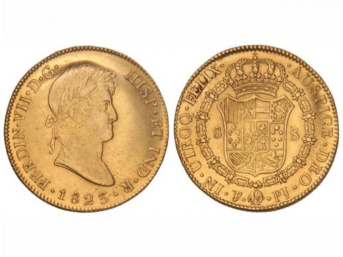 FERNANDO VII. 8 Escudos. 1823. POTOSÍ. P.J. 27 grs. Brillo o