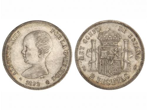 ALFONSO XIII. 2 Pesetas. 1892 (*18-92). P.G.-M. Restos de pá