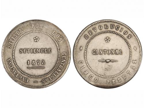 REVOLUCIÓN CANTONAL. 5 Pesetas. 1873. CARTAGENA. 91 perlas. 
