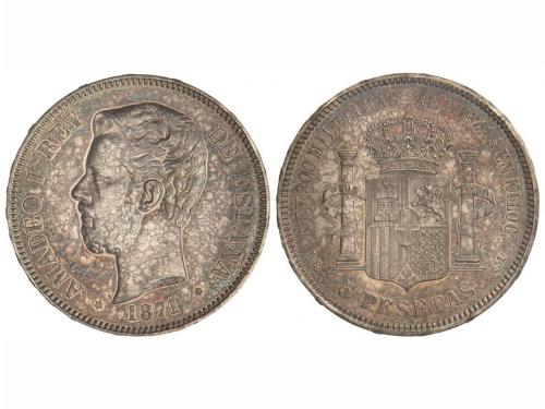 AMADEO I. 5 Pesetas. 1871 (*18-74). D.E.-M. Preciosa pátina 