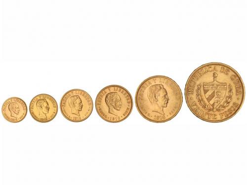 CUBA. Lote 6 monedas 1, 2, 4, 5, 10 y 20 Pesos. 1915 y 1916 