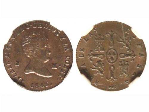 ISABEL II. 2 Maravedis. 1845. SEGOVIA. Encapsulada por NN Co