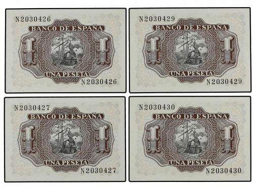 ESTADO ESPAÑOL. Lote 4 billetes 1 Peseta. 22 Julio 1953. Mar