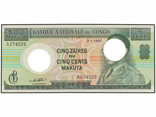 BILLETES EXTRANJEROS. 5 Zaires = 500 Makuta. 2 Enero 1967. R