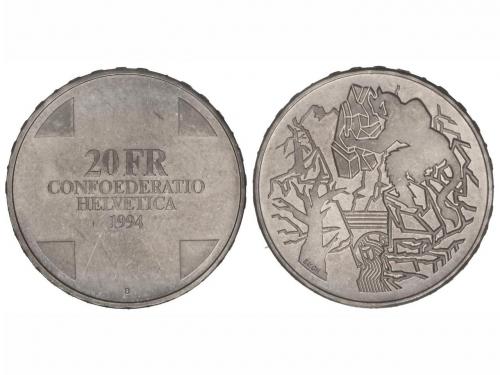 SUIZA. Lote 4 monedas 20 Francos. 1991-B, 1992-B, 1993-B y 1