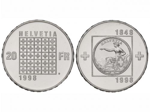 SUIZA. Lote 5 monedas 20 Francos. 1998-B (2), 1999-B, 2000-B