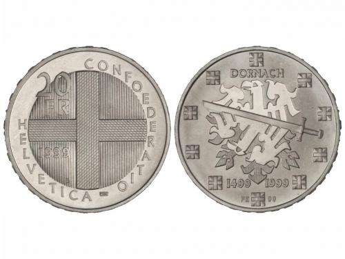 SUIZA. Lote 5 monedas 20 Francos. 1998-B (2), 1999-B, 2000-B