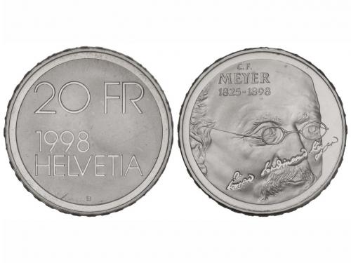 SUIZA. Lote 4 monedas 20 Francos. 1995-B, 1996-B (2), 1998-B