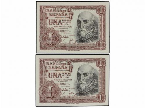 ESTADO ESPAÑOL. Lote 2 billetes 1 Peseta. 22 Julio 1953. Mar