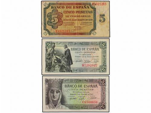 ESTADO ESPAÑOL. Lote 3 billetes 5 Pesetas. 1938, 1943 y 1945