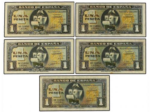 ESTADO ESPAÑOL. Lote 5 billetes 1 Peseta. 4 Septiembre 1940.