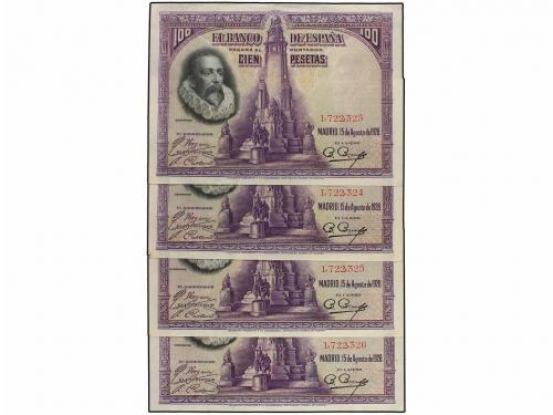 BANCO DE ESPAÑA. Lote 4 billetes 100 Pesetas. 15 Agosto 1928