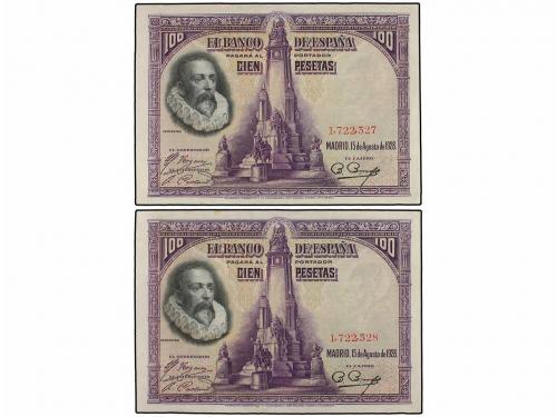 BANCO DE ESPAÑA. Lote 2 billetes 100 Pesetas. 15 Agosto 1928