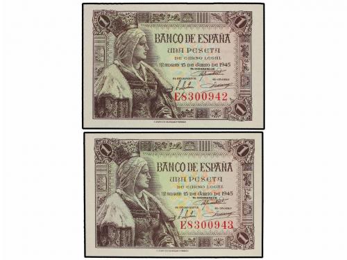 ESTADO ESPAÑOL. Lote 2 billetes 1 Peseta. 15 Junio 1945. Isa