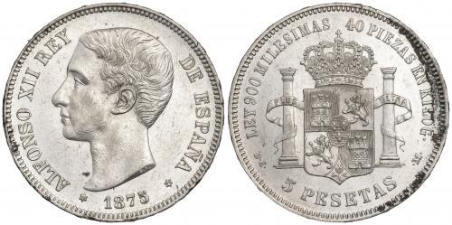 ALFONSO XII. 5 Pesetas. 1875 (*18-75). D.E.-M. Variante rayi