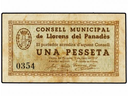 CATALUNYA. 1 Pesseta. 19 Març 1937. C.M. de LLORENS DEL PENE
